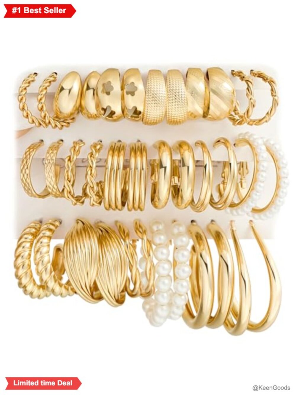 18 Pairs Gold Hoop Earrings Set Chunky Statement Hoops Alloy Pearl Crystal